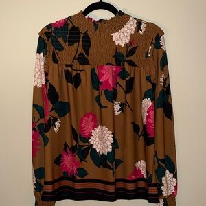 Ann Taylor Factory Brown Floral Smocked Neck Blouse with Pink Blooms Size M